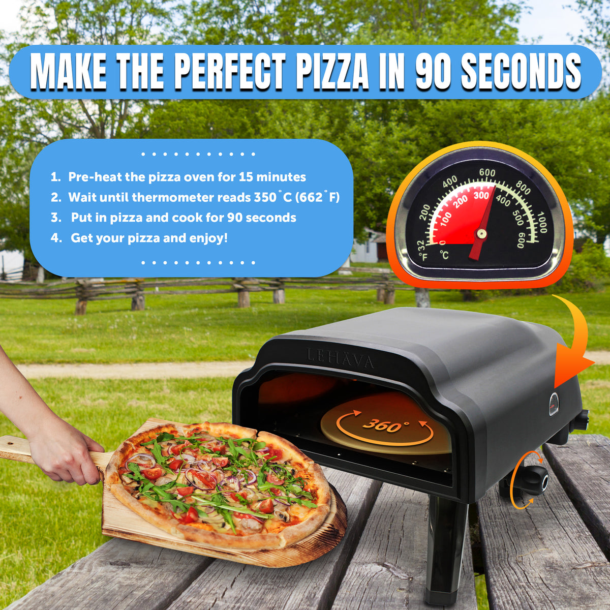 Outdoor Portable 14-inch Propane Pizza Oven Gas 360 Degree
