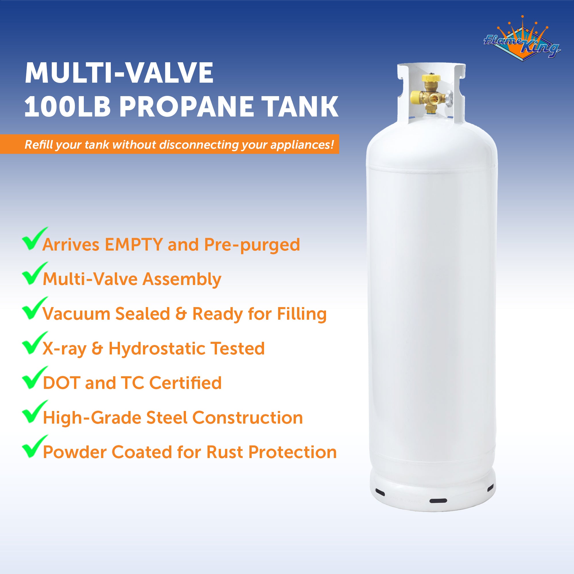 100LB Multi-Valve Propane Tank High Capacity Filler - Flame King