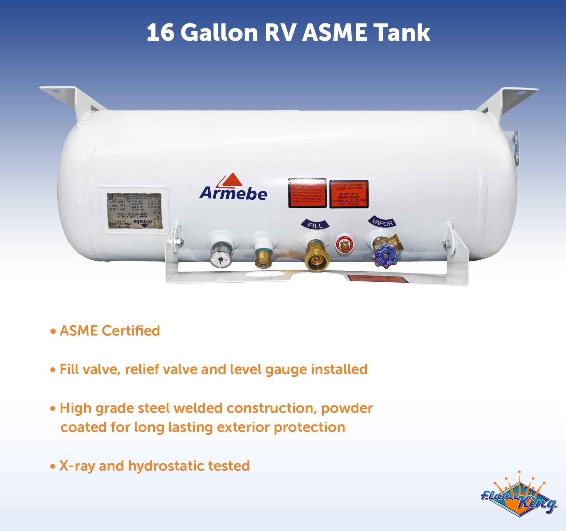 Flame King 16 Gal ASME RV Trailer Propane Cylinder Tank