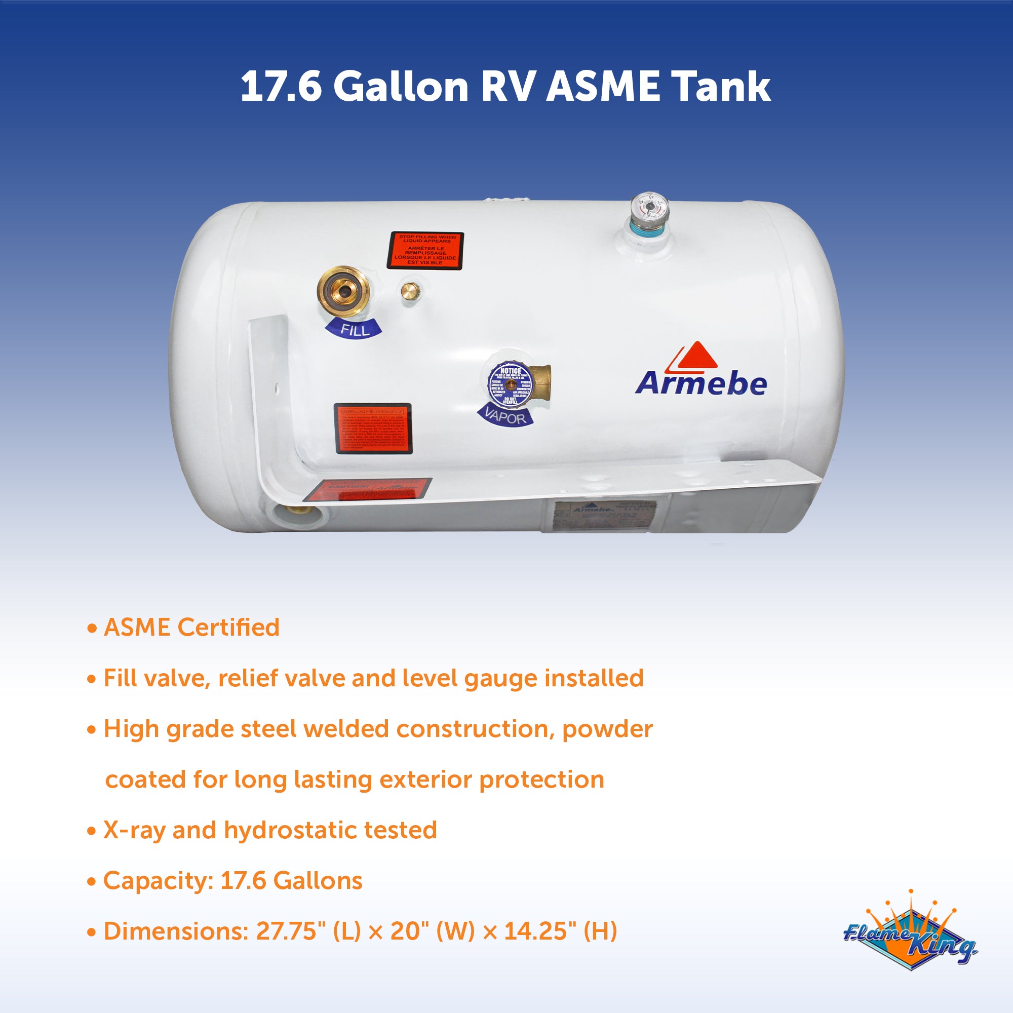 Flame King 17.6 Gallon Horizontal ASME Propane Tank for RVs & Trailers