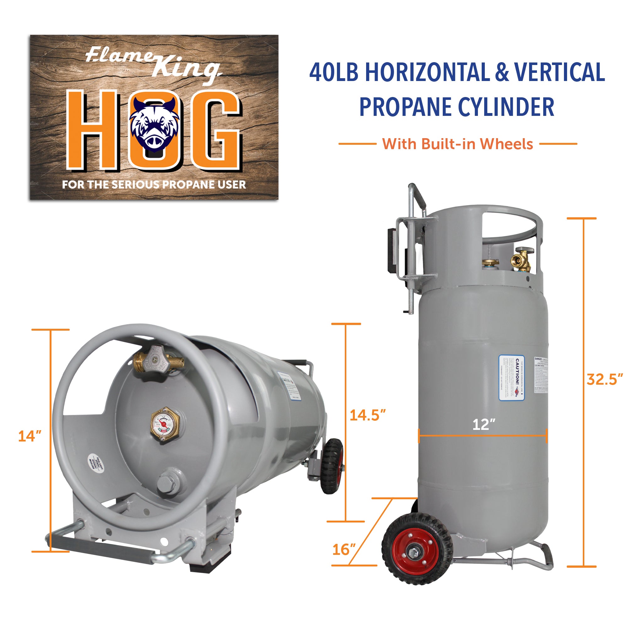 40lb Horizontal & Vertical Propane Cylinder with OPD & Wheels - Flame King