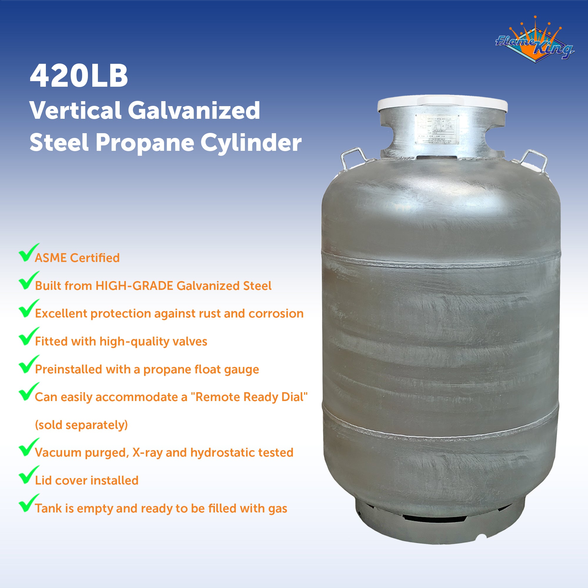 Flame King 420LB (120 Gallon) ASME Vertical Galvanized Steel Propane Tank with Float Gauge & Lid