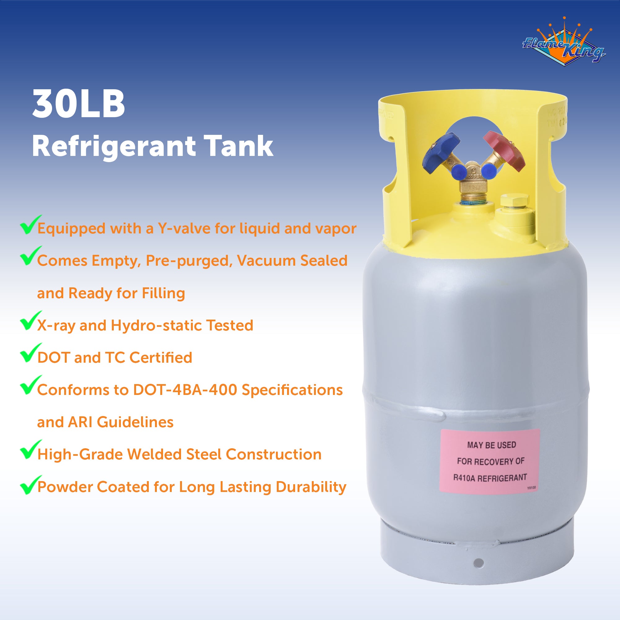 Flame King 30 lb Refrigerant Recovery Cylinder Tank with SCG Y-Valve