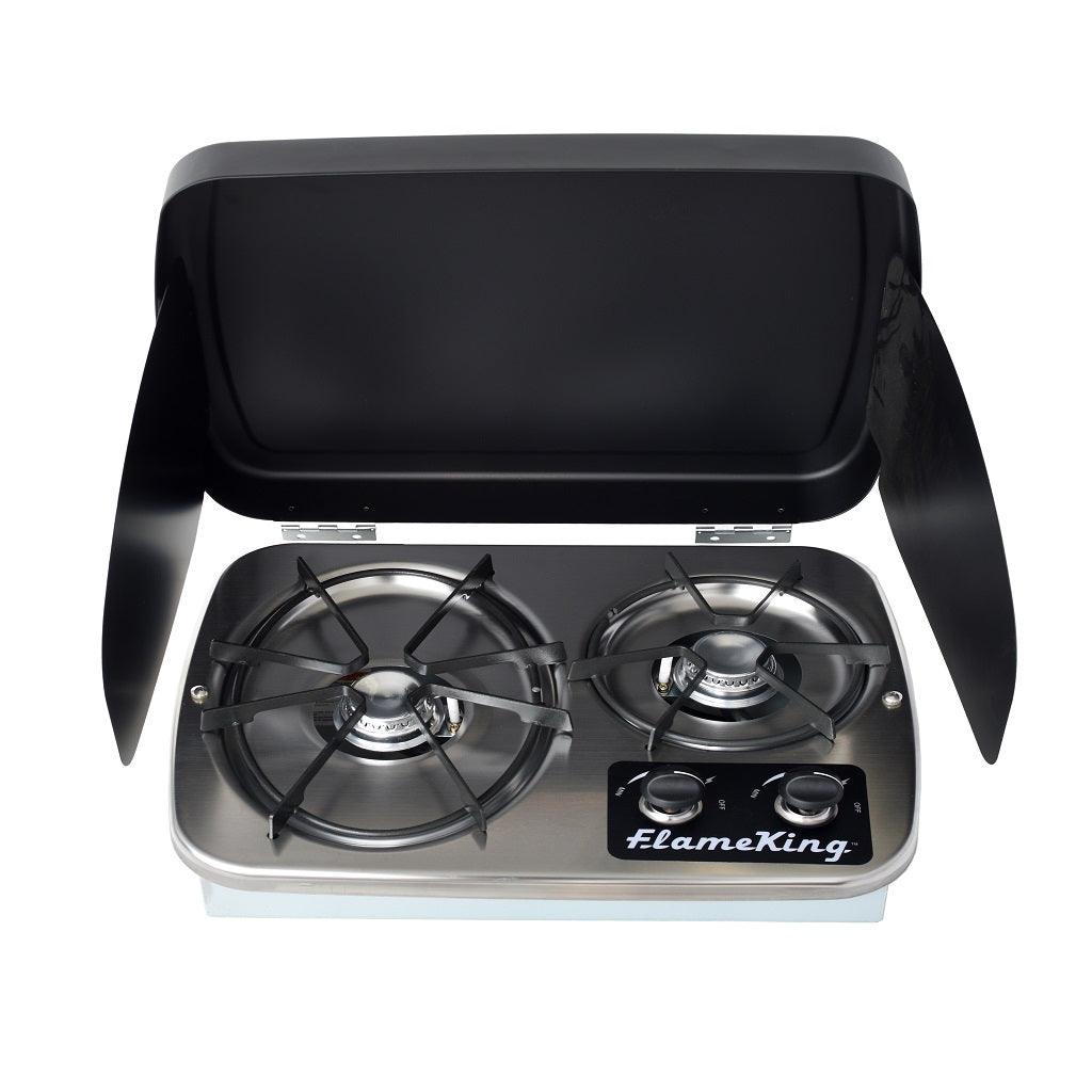 Flame King 2 Burner Built-In RV Trailer Stove with Wind Shield - Flame King