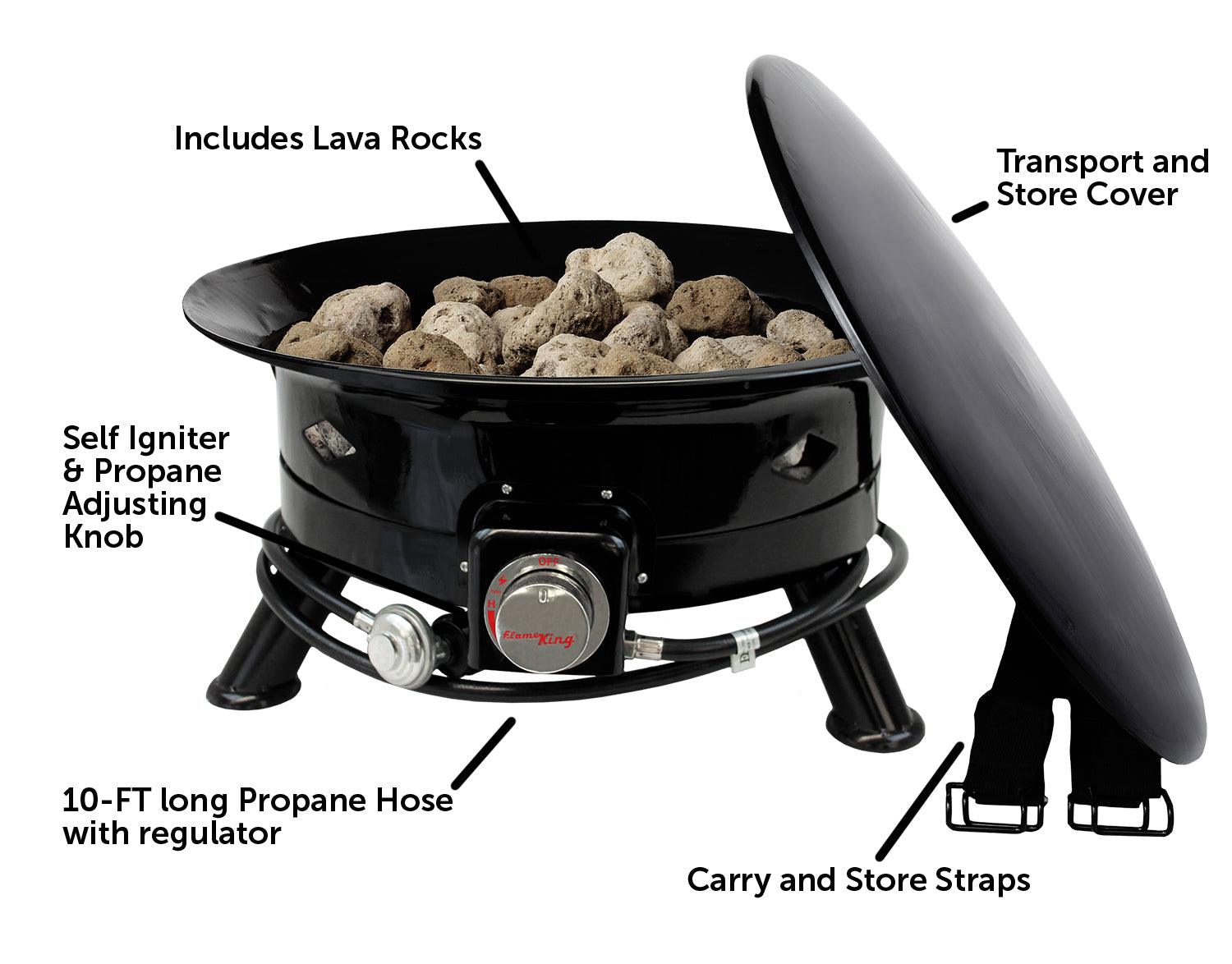 Flame King Outdoor Portable Propane Gas 24″ Fire Pit Bowl with Self Igniter, Cover, and Carry Straps - Flame King