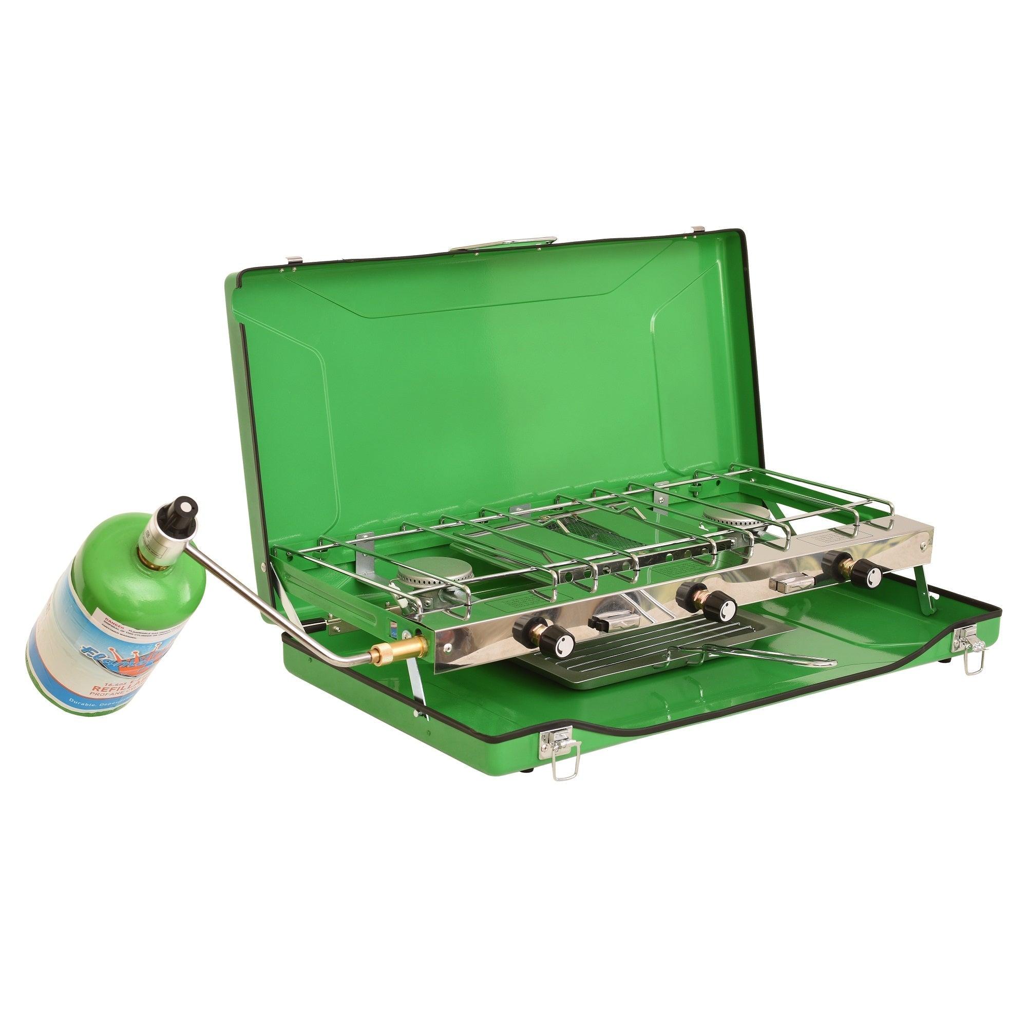 gas for camping stoves Flame King Portable 3 Burner Propane Gas Camping Stove w/Toast Tray